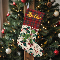 Custom Name Red Plaid Stocking, Personalized Dinosaur Christmas Stocking, Dino Holiday Mantel Decor, Velboa Kids Christmas Stocking