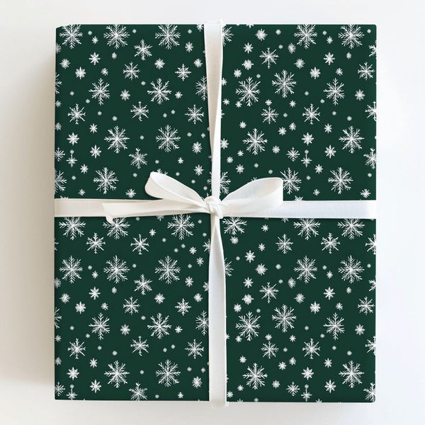 Dark Green Holiday Gift Wrap, White Snowflake Christmas Wrapping Paper, Winter Snowflakes Wrapping Paper, Classic Xmas Gift W