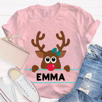 Custom Name Reindeer Holiday Graphic Tee, Personalized Christmas Elk Bow Shirt, Adorable Christmas Elk T-Shirt, Festive Winter Holiday Present