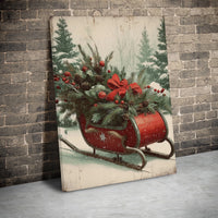 Rustic Red Sled Snowy Pine Canvas, Vintage Christmas Sleigh Canvas Wall Art Print, Festive Holiday Farmhouse Digital Download Decor