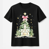 Watercolor Christmas Tree and Church Shirt, Oh Come Let Us Adore Him T-Shirt, Christian Holiday Graphic Tee, Faith Religious Present Shirt