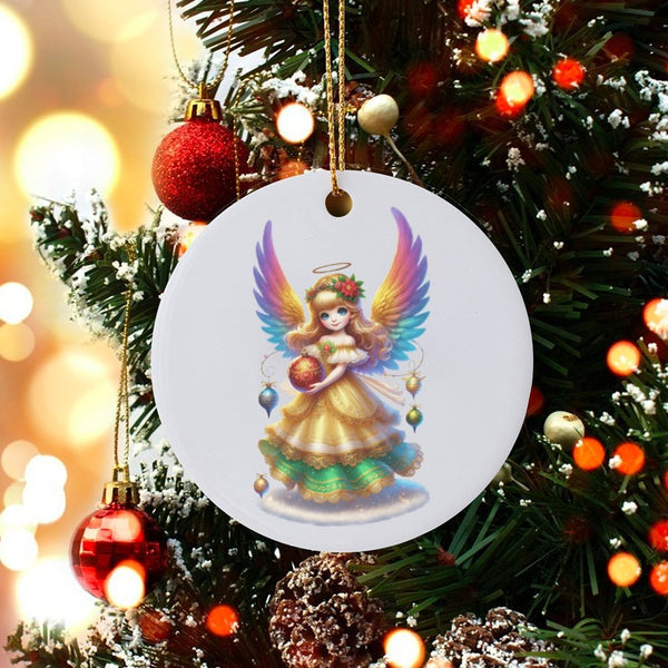 Adorable Ceramic Angel Tree Ornament, Rainbow Wings Angel Christmas Ornament, Colorful Wing Keepsake, Festive Xmas Tree Circl