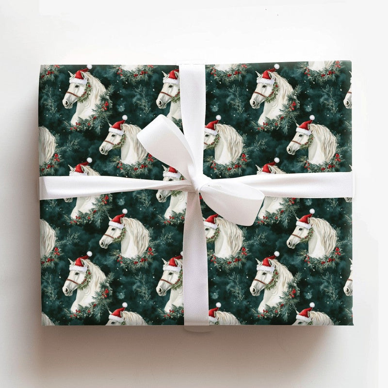 White Stallion Santa Hat Gift Wrap, Horse Christmas Wrapping Paper, Equestrian Christmas Wrapping Paper, Holiday Horse Wrapping Paper Roll