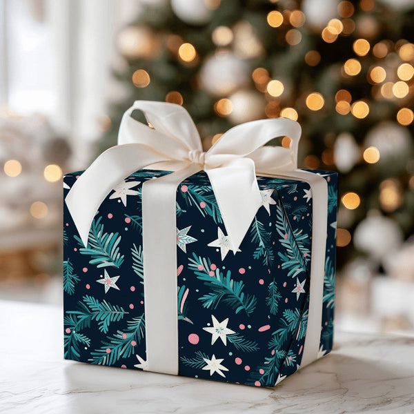 Star Pattern Gift Wrap, Teal Pine Wrapping Paper, Navy Blue Celestial Wrapping Paper, Winter Pine Gift Wrap, Christmas Wrappi