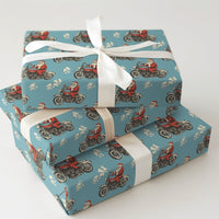 Vintage Motorcycle Gift Wrap, Light Blue Biker Santa Wrapping Paper, Blue Motorcycle Christmas Wrapping Paper, Biker Holiday Gift Wrap