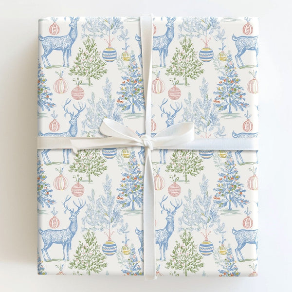 Vintage Toile Holiday Gift Wrap, Blue Reindeer Toile Christmas Wrapping Paper, Elegant Deer Tree Gift Wrapping Paper, Winter 