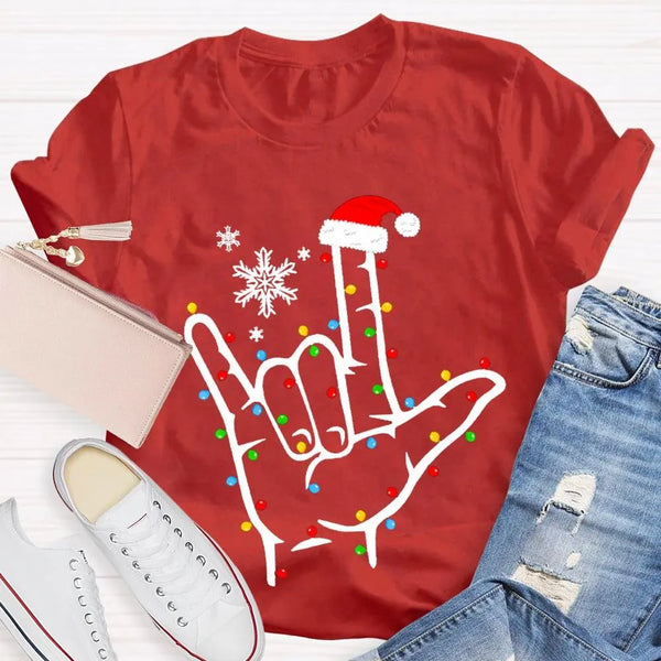 ASL Snowflake Holiday Lights Shirt, Sign Language Christmas T-Shirt, Deaf Community Graphic Tee, ASL Christmas Tee