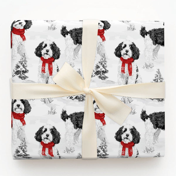 Winter Dog with Red Scarf Gift Wrap, Cockapoo Christmas Wrapping Paper, Holiday Puppy Gift Wrapping Paper, Festive Pet Lover 