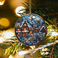 Snowy Scene Holiday Ceramic Keepsake, Stained Glass Winter Village Christmas Ornament, Comfy Town Tree Decor, Xmas Home Decor Present