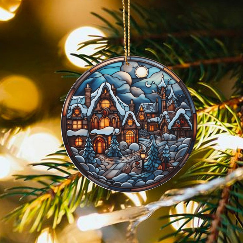 Snowy Scene Holiday Ceramic Keepsake, Stained Glass Winter Village Christmas Ornament, Comfy Town Tree Decor, Xmas Home Decor Present