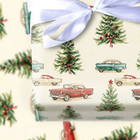Retro 1950s Holiday Gift Wrap, Vintage Car Christmas Wrapping Paper, Classic Car Tree Wrapping Paper