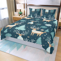 Winter Forest Bedding Set, Christmas Deer Duvet Cover Set, Holiday Animal Quilt Cover, Woodland Deer Bedding Set, Festive Bedroom Decor Present