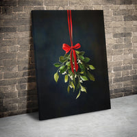 Hanging Mistletoe with Red Ribbon Canvas Print, Mistletoe Canvas Wall Art, Minimalist Holiday Canvas, Christmas Botanical Wall Decor