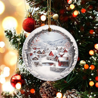 Red House Mountain Landscape Ceramic Ornament, Snowy Winter Village Ornament, Comfy Christmas Tree Scene Ornament, Rustic Holiday Decor