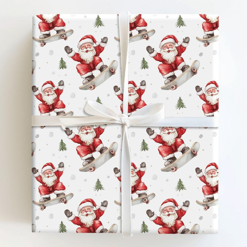 Snowy Tree Santa Gift Wrap, Skateboarding Santa Wrapping Paper, Whimsical Christmas Wrapping Paper, Adorable Skater Santa Present Wrap