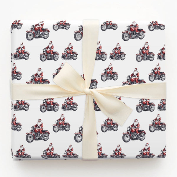 Motorcycle Santa Gift Wrap, Biker Santa Christmas Wrapping Paper, Cruiser Bike Christmas Wrapping Paper, Biker Holiday Gift W