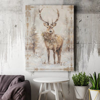 Snowy Forest Stag Wall Art, Rustic Winter Deer Digital Download, Holly Wreath Canvas Print, Farmhouse Holiday Christmas Printable Art
