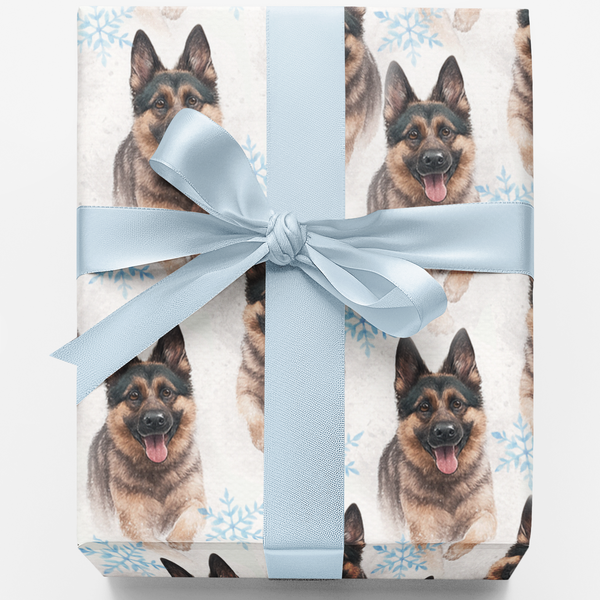 Winter Pine Tree Dog Wrapping Paper, German Shepherd Christmas Wrapping Paper, Snowflakes and Shepherds Holiday Wrapping Pape