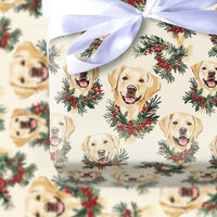 Watercolor Dog Wreath Gift Wrap, Yellow Lab Christmas Wrapping Paper, Yellow Labrador Holiday Wrapping Paper, Dog Lover Xmas Wrapping Paper