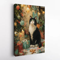 Holiday Tree Oil Painting Canvas Art, Tuxedo Cat Christmas Canvas Print, Festive Winter Cat Canvas Wall Art, Comfy Xmas Pet Lover Decor