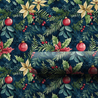 Gold Ornament Holiday Gift Wrap, Navy Poinsettia Christmas Wrapping Paper, Botanical Winter Wrapping Paper, Festive Floral Gift Wrap Roll