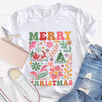 Colorful Flowers Holiday Trees Tee, Christmas Floral Tree Shirt, Botanical Xmas Graphic T-Shirt, Festive Winter Holiday Apparel