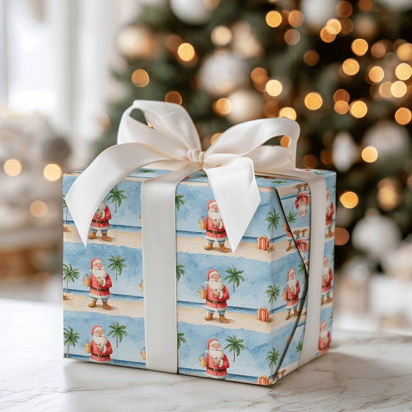 Beach Christmas Gift Wrap, Tropical Santa Wrapping Paper, Watercolor Coastal Santa Wrapping Paper, Palm Tree Holiday Gift Wra