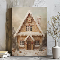 Whimsical Snowy Winter Landscape Canvas, Gingerbread House Christmas Canvas Wall Art, Festive Holiday Canvas Print, Comfy Xmas Wall Decor