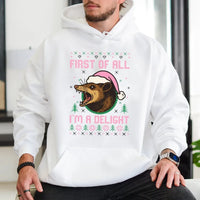 Humorous Opossum Christmas Hoodie, First of All I'm A Delight Opossum Hoodie, Retro Possum Holiday Sweatshirt