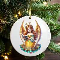 Golden Wings Angel Ornament, Angel Reading Book Christmas Ornament, Religious Angel Ceramic Ornament, Heavenly Holiday Tree Present for Her