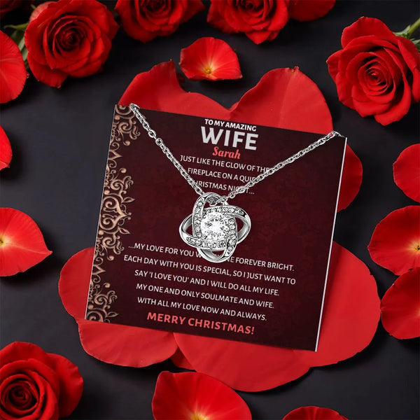 Rose Box Love Knot Pendant, Personalized Wife Love Knot Necklace, CZ Crystal Love Knot Necklace, Romantic Christmas Anniversa