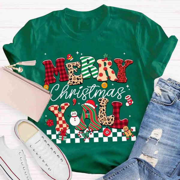 Southern Holiday Graphic Tee, Merry Christmas Y'all T-Shirt, Retro Country Xmas Shirt, Humorous Christmas Party T-Shirt, Wint