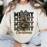 Leopard Bow Holiday Sweater, Camo Christmas Tree Sweatshirt, Rustic Country Xmas Crewneck, Winter Graphic Pullover, Christmas Present for Her