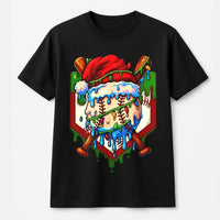 Santa Hat Drip Sports Graphic Tee, Christmas Baseball T-Shirt, Holiday Baseball Bats Shirt, Festive Athletic Crew Tee, Baseball Fan Present