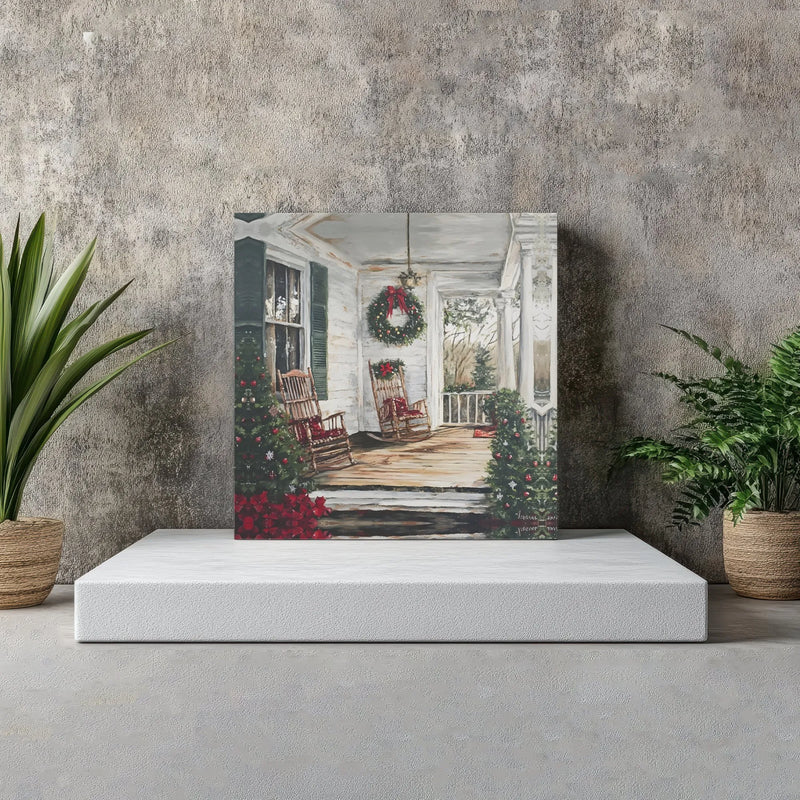 Rustic Holiday Wreath Canvas Print, Christmas Farmhouse Porch Square Canvas, Rocking Chair Winter Painting, Comfy Xmas Home Decor Wall Art