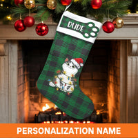 Green Plaid Holiday Pet Stocking, Personalized Cat Christmas Stocking, Velboa Fabric Custom Name Stocking, Cat Lover Xmas Home Decor