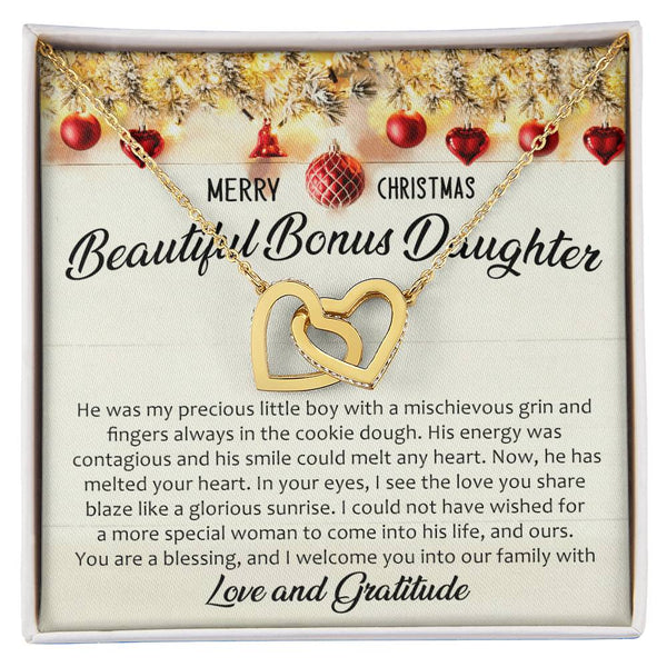 Rose Gold Heart Pendant, Bonus Daughter Interlocking Hearts Necklace, Surgical Steel Christmas Necklace, Sentimental Family K