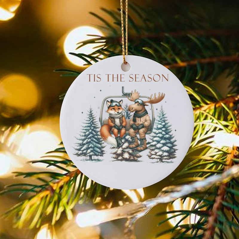 Tis the Season Winter Animal Ornament, Fox and Moose Skiing Ornament, Ceramic Christmas Tree Ornament, Festive Woodland Holiday Present
