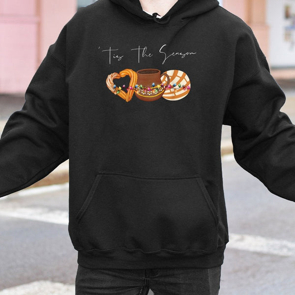 Concha Churro Hot Chocolate Hooded Sweatshirt, Tis the Season Mexican Christmas Hoodie, Pan Dulce Holiday Sweater, Mexican Fo