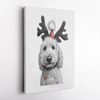 Pencil Sketch Dog Canvas Print, Goldendoodle Christmas Canvas Wall Art, Festive Reindeer Pet Wall Decor, Dog Lover Holiday Canvas Art Present