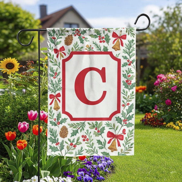 Monogram Initial Holly Bells Flag, Personalized Christmas Garden Flag, Custom Holiday Yard Flag, Winter Lawn Banner, Xmas Por