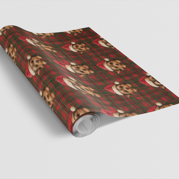 Tartan Plaid Puppy Gift Wrap, Yorkie Christmas Wrapping Paper, Adorable Santa Dog Wrapping Paper, Holiday Pet Lover Gift Wrap