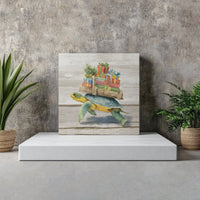 Watercolor Turtle Carrying Presents Print, Christmas Sea Turtle Canvas Wall Art, Coastal Holiday Canvas Decor, Square Canvas Turtle Present