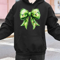 Coquette Bow with Holiday Lights Hooded Sweatshirt, Fuzzy Green Bow Christmas Hoodie, Preppy Christmas Pullover, Adorable Xmas Present for Her