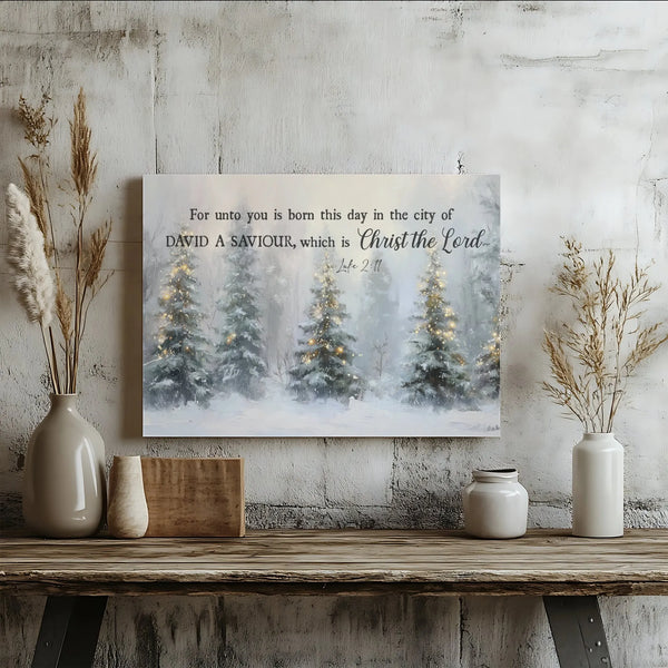 Snowy Winter Forest Tree Print, Luke 2:11 Bible Verse Canvas, Scripture Wall Art Canvas, Religious Christmas Decor, Faith Pre