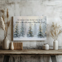 Snowy Winter Forest Christmas Scripture Poster, Luke 2:11 Bible Verse Wall Art, Christian Holiday Print, Digital Download Pine Decor
