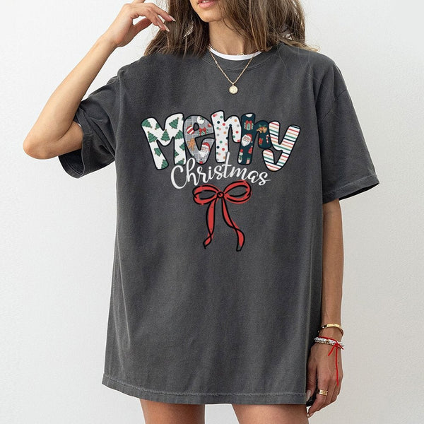 Patterned Lettering Red Bow Graphic Tee, Merry Christmas T-Shirt, Adorable Coquette Holiday Shirt, Family Christmas Graphic T