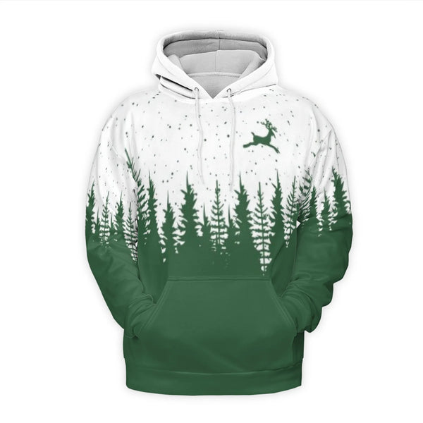 Forest Pine Tree 3D Hoodie, Christmas Reindeer Hoodie, Holiday Nature Sweatshirt, Winter Silhouette Pullover Hoodie, Xmas Pre