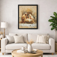 Snowy Holy Family Canvas Print, Nativity Scene Canvas Wall Art, Christian Christmas Wall Decor, Religious Holiday Season Canvas Present