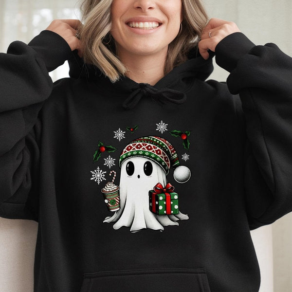 Adorable Holiday Ghost Hooded Sweatshirt, Christmas Ghost Hoodie, Spooky Spirit Ghost Hoodie, Comfy Xmas Pullover, Adorable C